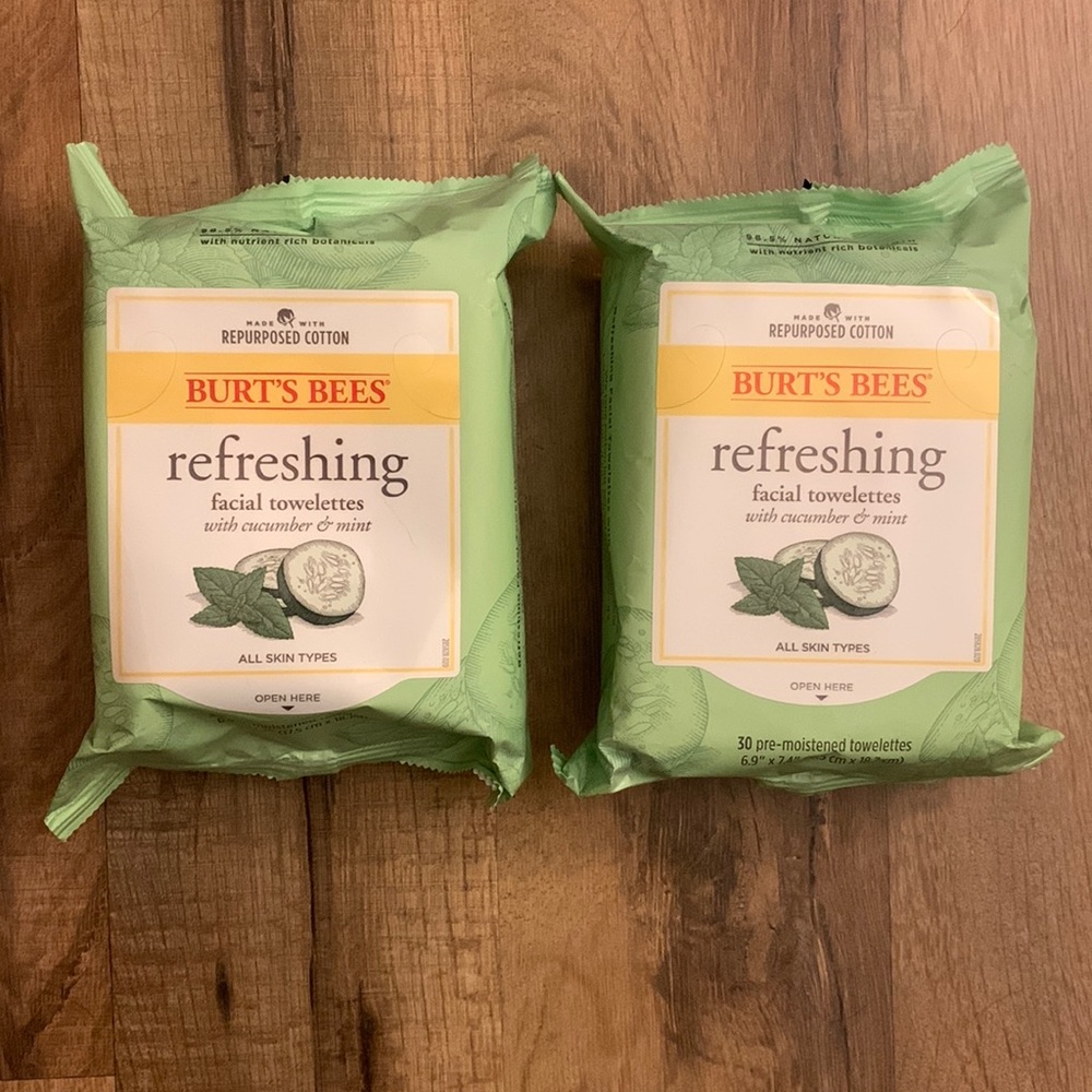 2 Burt’s Bees refreshing facial makeup wipes towelettes with cucumber mint